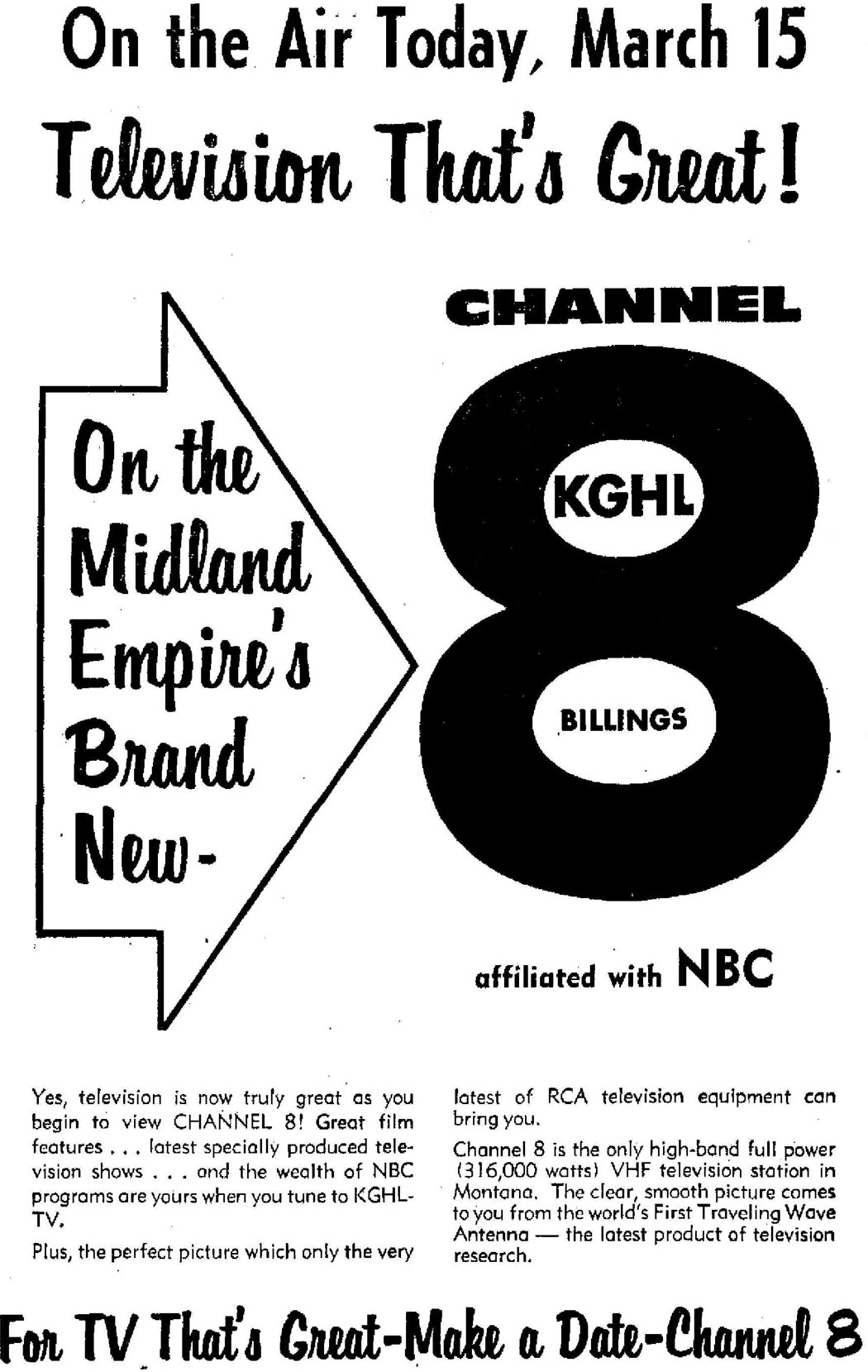 KGHL TV Channel 8 Billings, Montana March 15, 1958 Print Ad