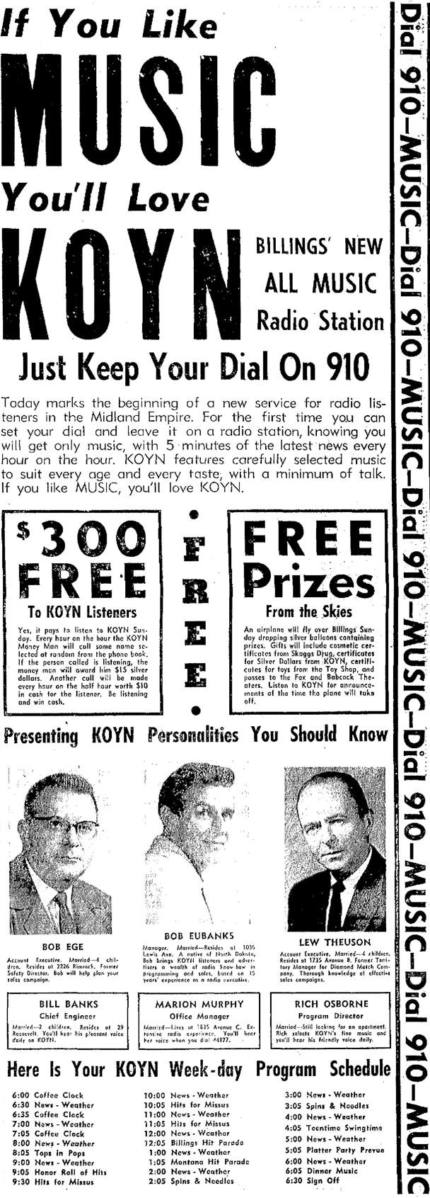KOYN 910 Billings, Montana 1955 Print Ad