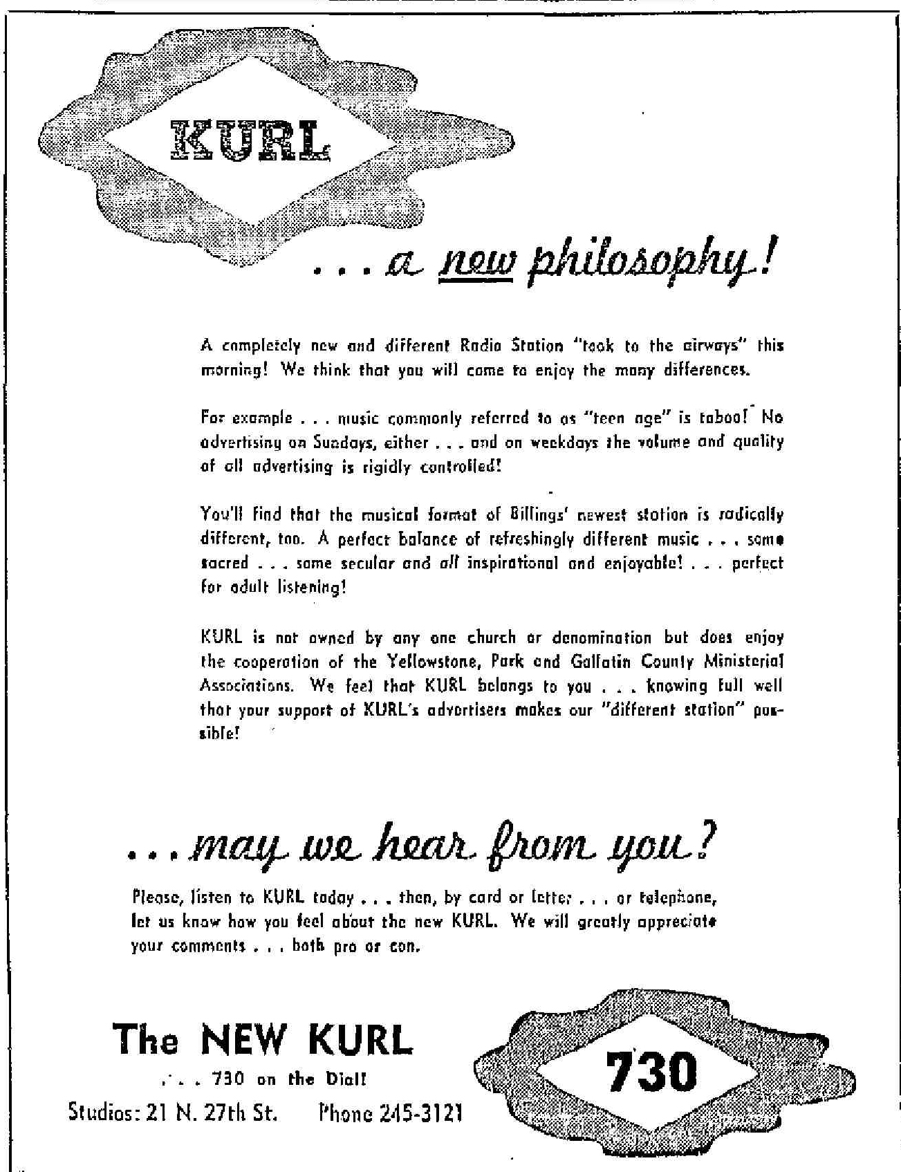 KURL Radio 730 Billings, Montana 1962 Print Ad